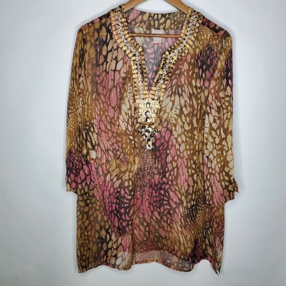 Chicos Womens Beaded Animal Print Tunic Top Size 16 Embellished Neckline Sheer - Picture 1 of 10